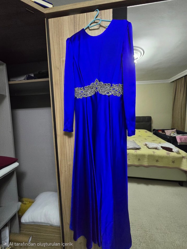 Uzun Kollu Mavi Drape Abiye Elbise - Görsel 3