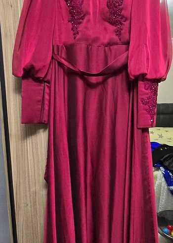 Bordo Nakışlı Uzun Abiye Elbise - Görsel 2