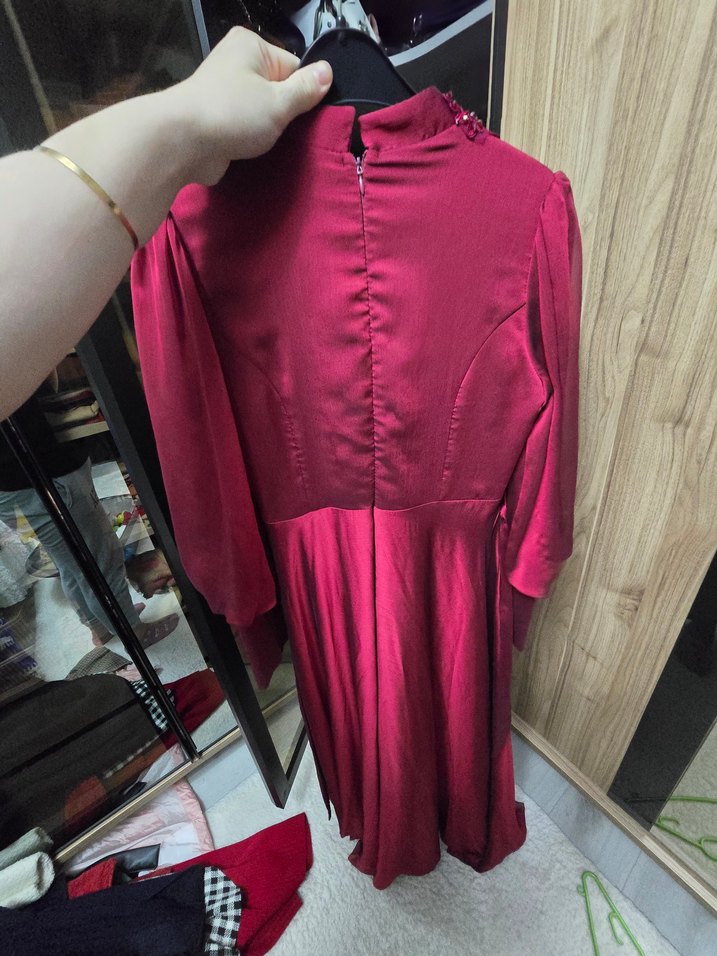 Bordo Nakışlı Uzun Abiye Elbise - Görsel 4