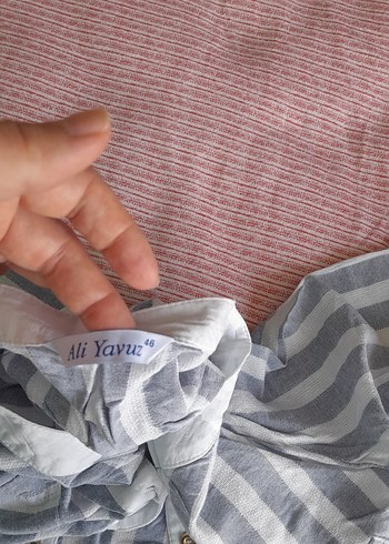 Diğer Düğmeli Gri Çizgili Uzun Kollu Keten Gömlek