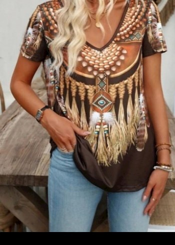 Kısa Kollu Bohem Etnik Desenli Bluz 40 42 beden uyumlu sıfır - Görsel 4