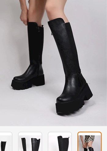 Siyah Deri Platform Topuklu Diz Boyu Bot - Görsel 3