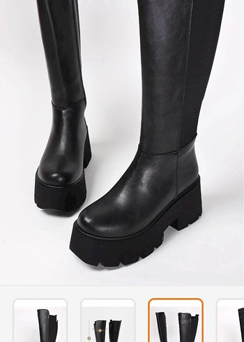 Siyah Deri Platform Topuklu Diz Boyu Bot - Görsel 5