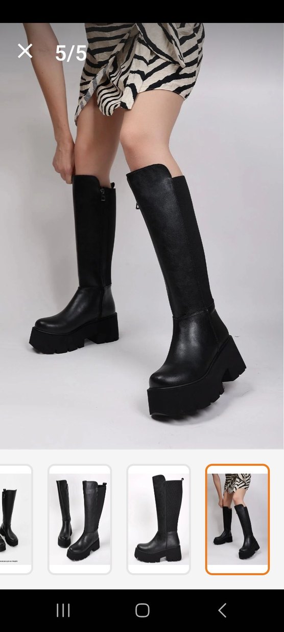 Siyah Deri Platform Topuklu Diz Boyu Bot - Görsel 3