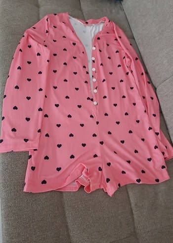 Diğer Pembe Kalp Desenli V Yaka Uzun Kollu Kadın Pijama