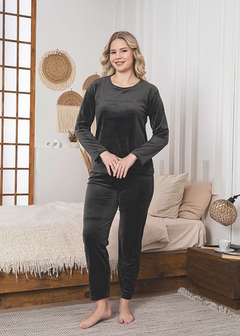 Koyu Bordo Nakışlı Kadın kadife Pijama Takımı - Görsel 3