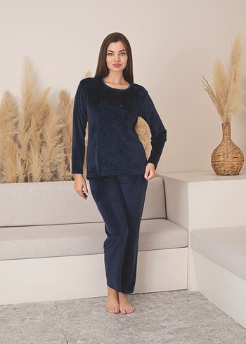 Koyu Bordo Nakışlı Kadın kadife Pijama Takımı - Görsel 2