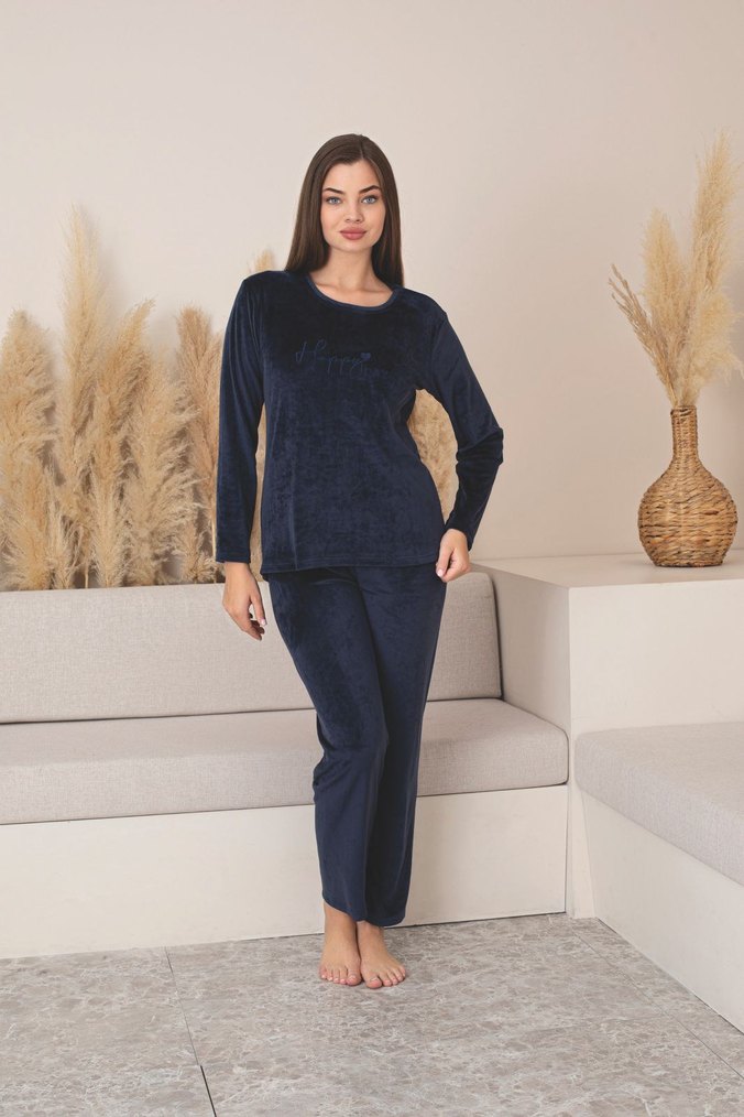 Koyu Bordo Nakışlı Kadın kadife Pijama Takımı - Görsel 2