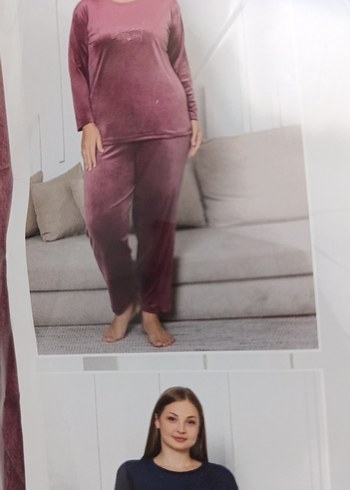 pudra renkli kadifede büyük beden Pijama takımı - Görsel 2