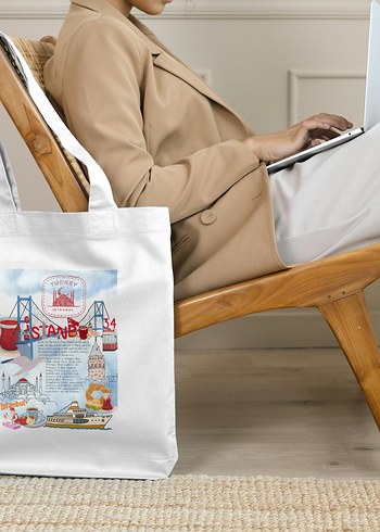 Diğer İstanbul Temalı Baskılı Pamuklu Kanvas Omuz Çantası
