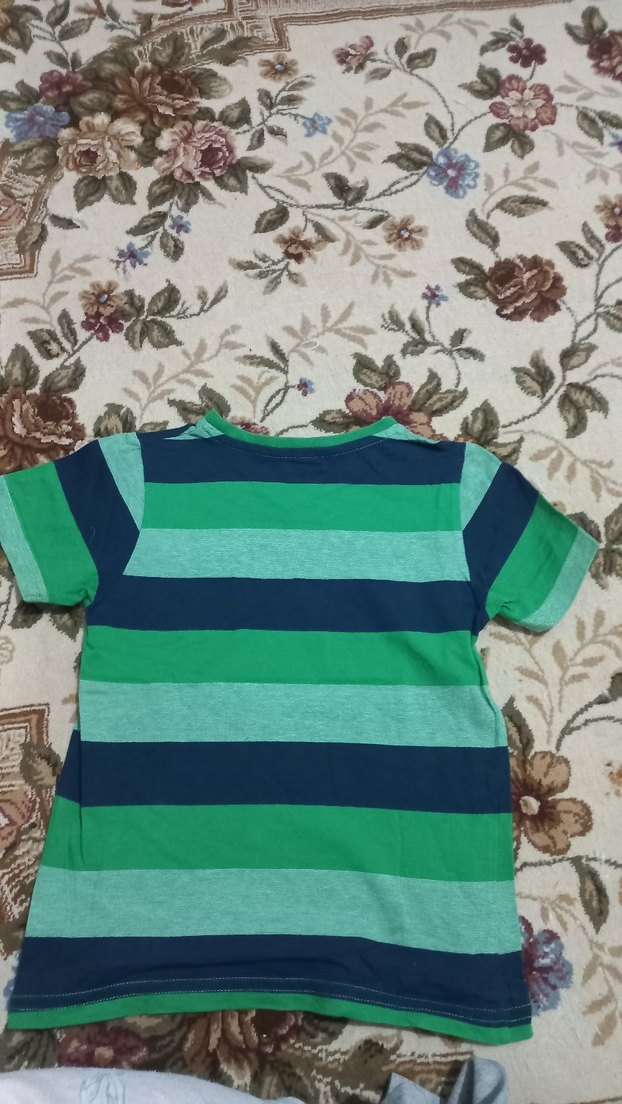 Erkek Çocuk Koyu Yeşil V Yaka Çizgili Tişört - Görsel 2