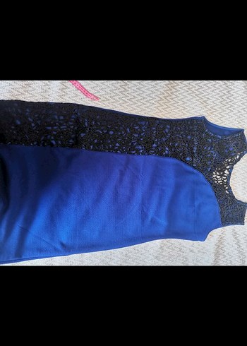 Dantel Detaylı Lacivert V Yaka Midi Elbise - Görsel 3