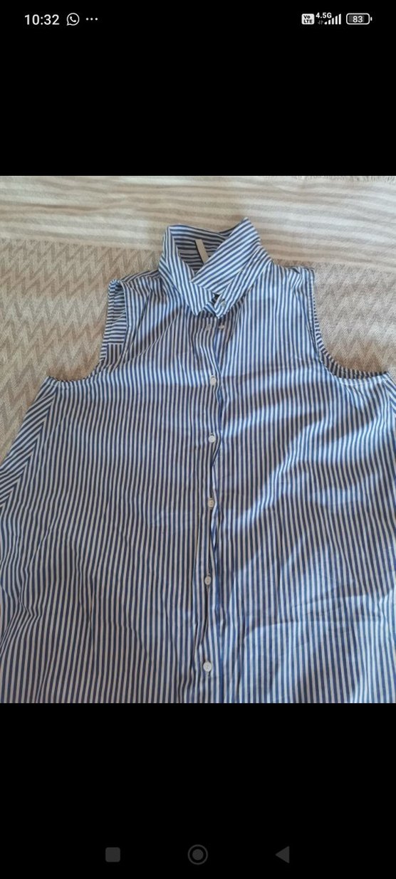 Düğmeli Uzun Kollarsız Mavi Gömlek - Görsel 2