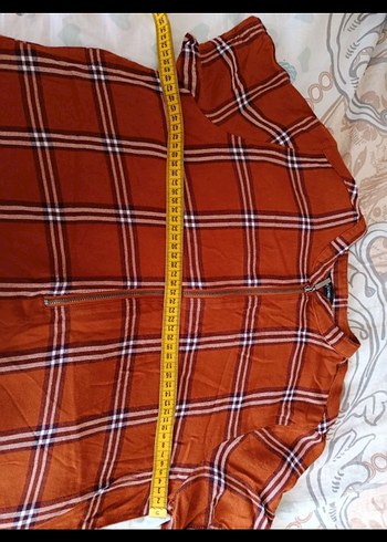 40 Beden kahverengi Renk Düğmeli Kısa Kollu Kahverengi Ekose Gömlek