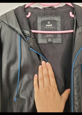Mavi Siyah Deri Fermuarlı Ceket Mavi marka