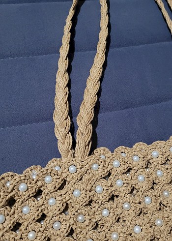Diğer Boncuk Detaylı Bej Örgü Kadın Çanta
