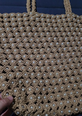  Beden camel Renk Boncuk Detaylı Bej Örgü Kadın Çanta
