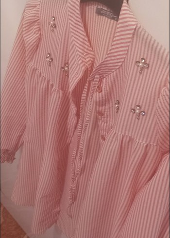 Pembe Çizgili Mini Nakışlı Kadın Gömlek