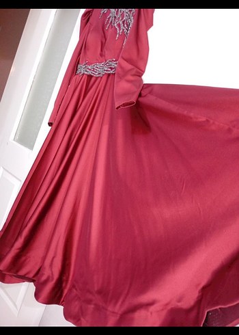 Bordo Uzun Kollu İşlemeli Kadın Abiye - Görsel 5