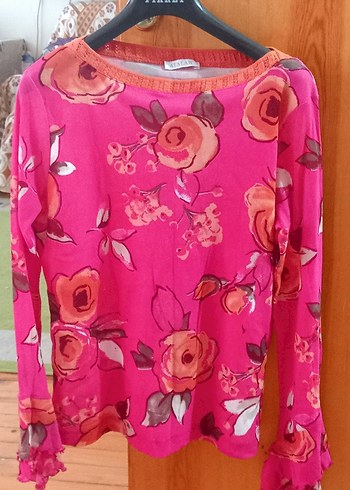 Pembe Çiçekli Dantel Detaylı Bohem Bluz