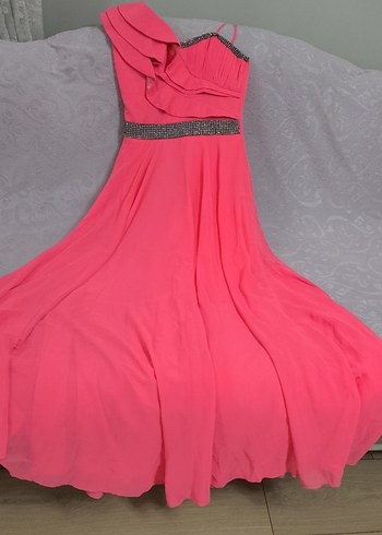 Drapeli Pembe Uzun Abiye Elbise