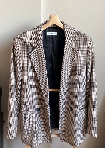 Mango Düğmeli Kahverengi Ekose Midi Blazer