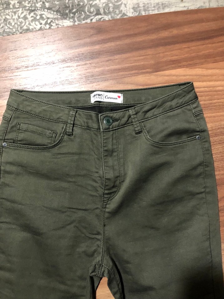 Kadın Haki Keten Rikralı kot Pantolon Midi Boy - Görsel 3