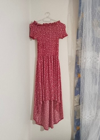 Bordo Renkli Uzun Bohem Fırfırlı Elbise