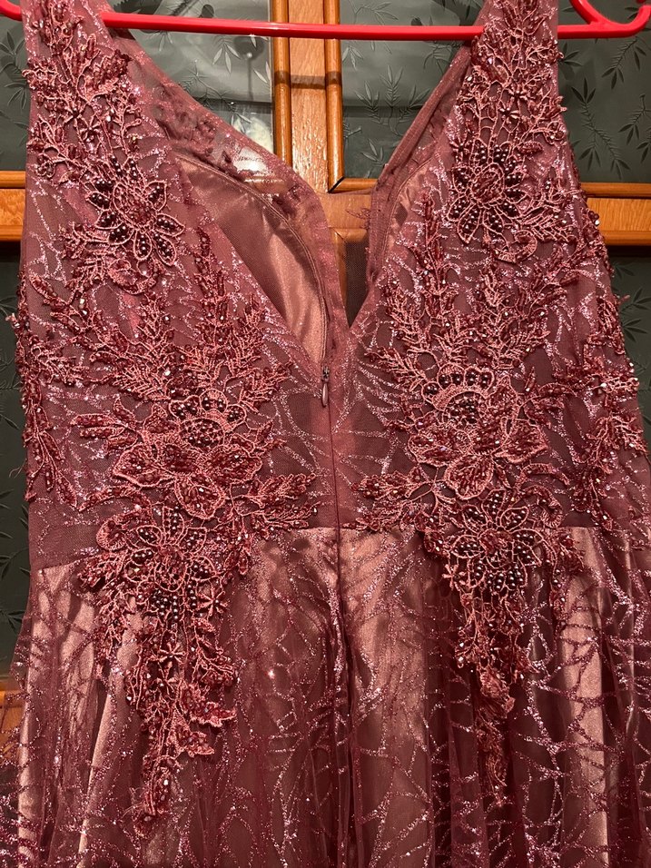 Bordo V Yaka Uzun Abiye Elbise - Görsel 3