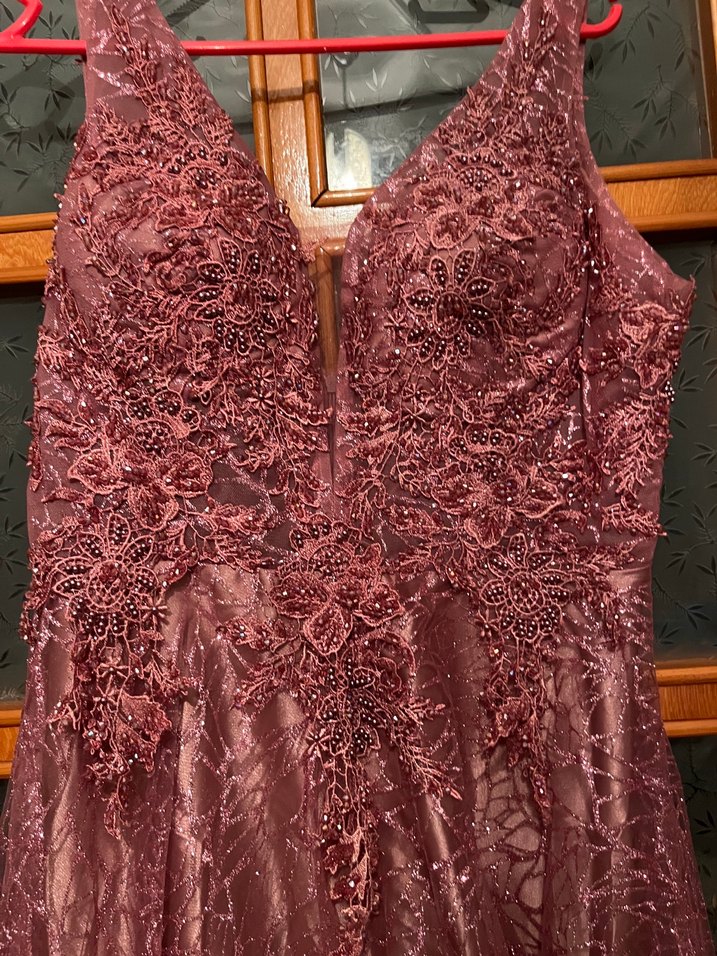 Bordo V Yaka Uzun Abiye Elbise - Görsel 2