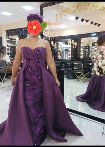 42 Beden Mor Straplez İşlemeli Uzun Drape tafta abiye