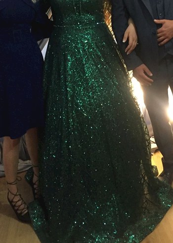 Parlak Yeşil midi Kollu Abiye Elbise - Görsel 3