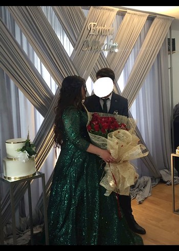 Parlak Yeşil midi Kollu Abiye Elbise - Görsel 2