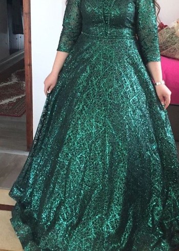 Parlak Yeşil midi Kollu Abiye Elbise - Görsel 4