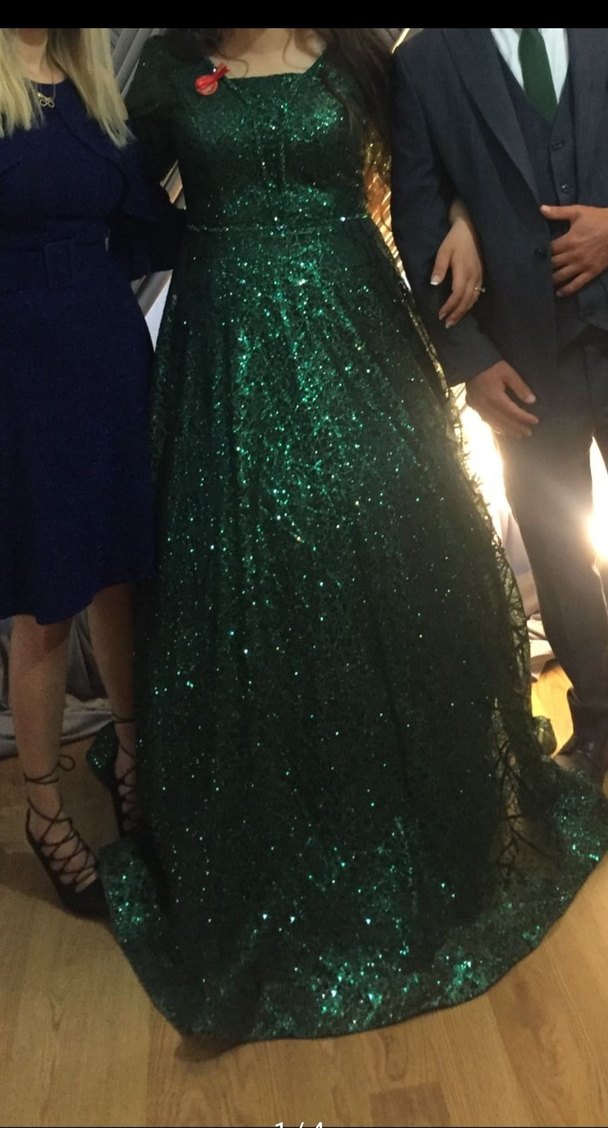 Parlak Yeşil midi Kollu Abiye Elbise - Görsel 3