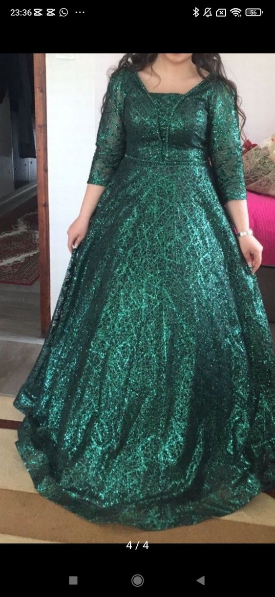 Parlak Yeşil midi Kollu Abiye Elbise - Görsel 4