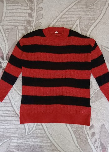 Kırmızı Siyah Çizgili Örgü Kadın Kazak - Görsel 2