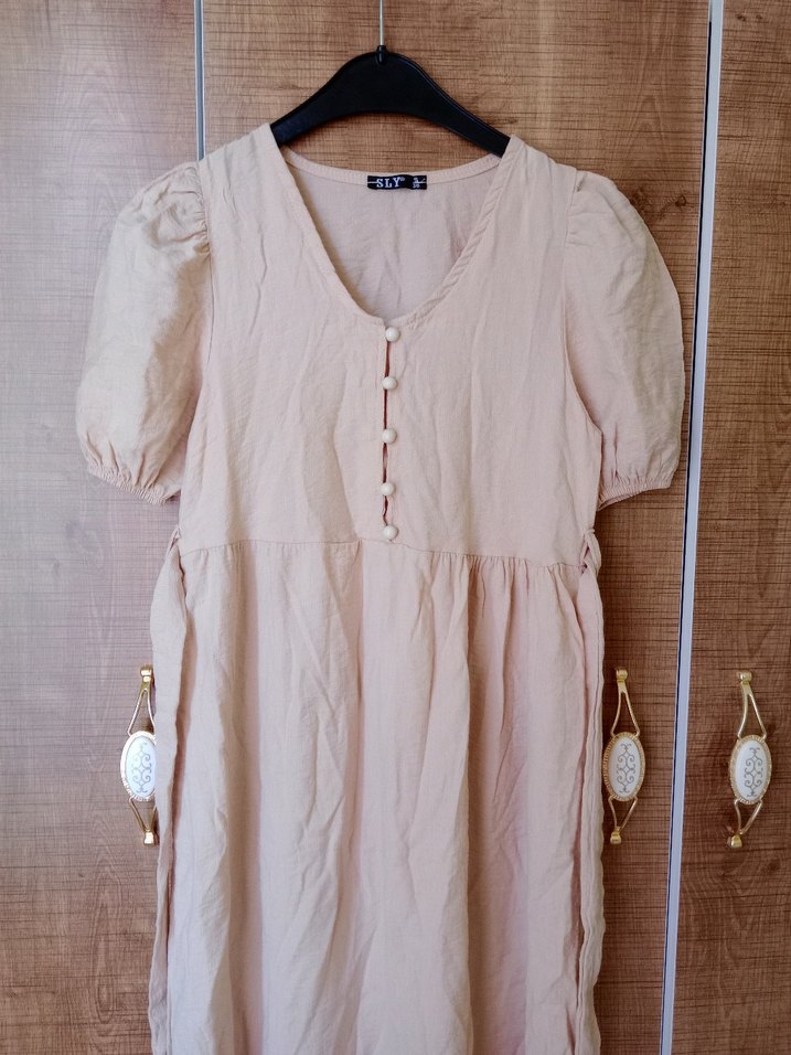 Bej Bohem Düğmeli Uzun Keten Elbise - Görsel 2