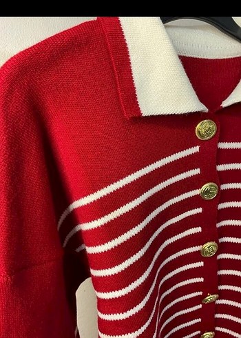 Düğmeli Bordo Çizgili Kısa Triko Hırka - Görsel 2