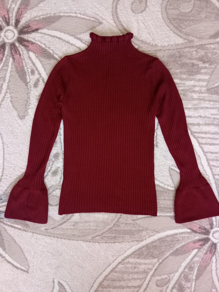 Bordo Boğazlı Triko Kadın Kazak - Görsel 2