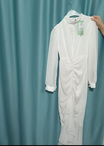 Beyaz Drapeli Uzun Kollu Uzun Elbise - Görsel 2