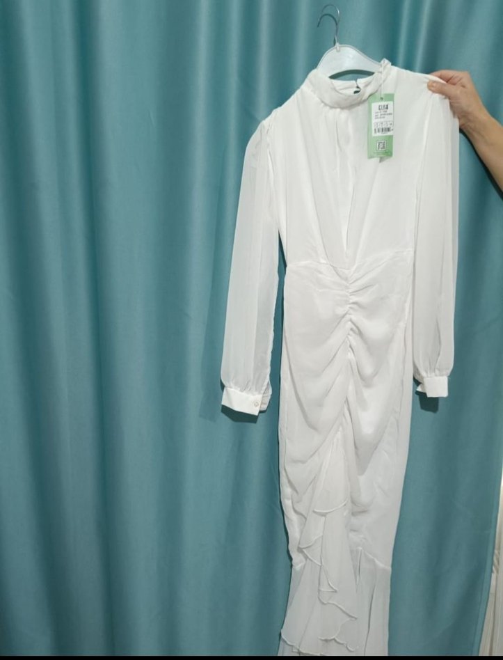 Beyaz Drapeli Uzun Kollu Uzun Elbise - Görsel 2