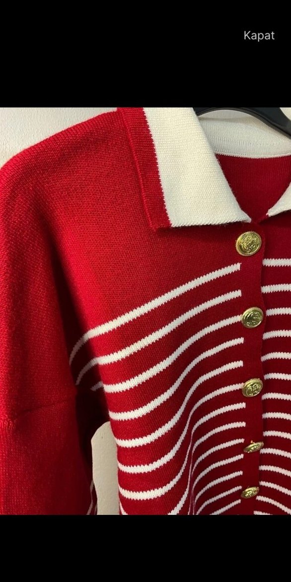 Düğmeli Bordo Çizgili Kısa Hırka - Görsel 2