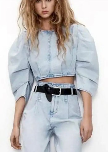 Zara crop buz mavisi denim kot üst bluz