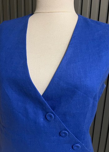 Mango saks mavisi keten yelek - Görsel 3