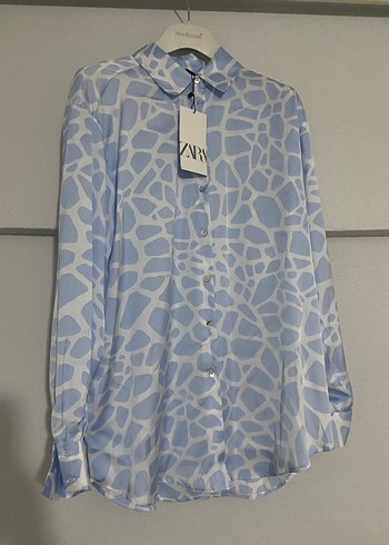 Zara Mavi Bağlama Desenli V Yakalı Gömlek - Görsel 5