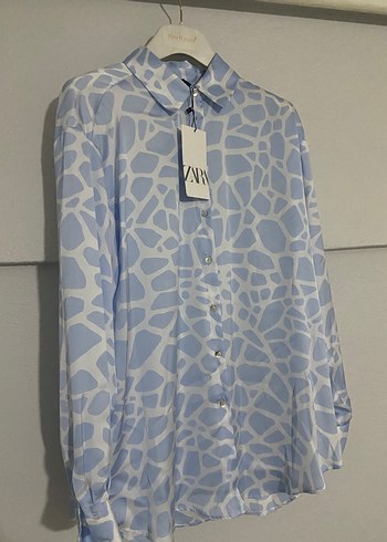 Zara Mavi Bağlama Desenli V Yakalı Gömlek - Görsel 6