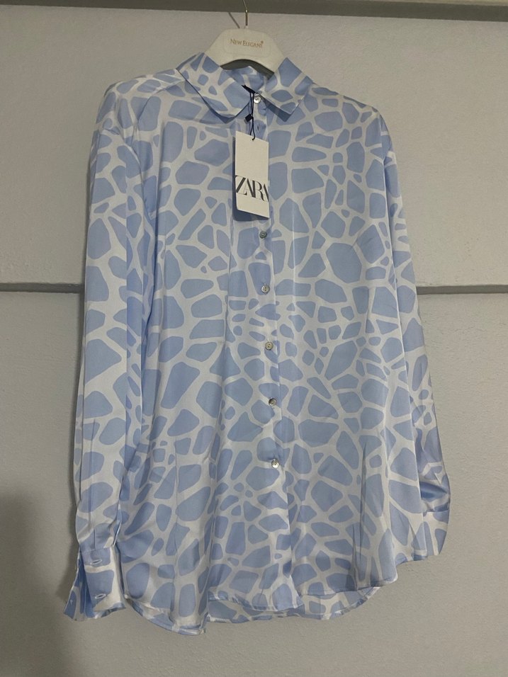 Zara Mavi Bağlama Desenli V Yakalı Gömlek - Görsel 5