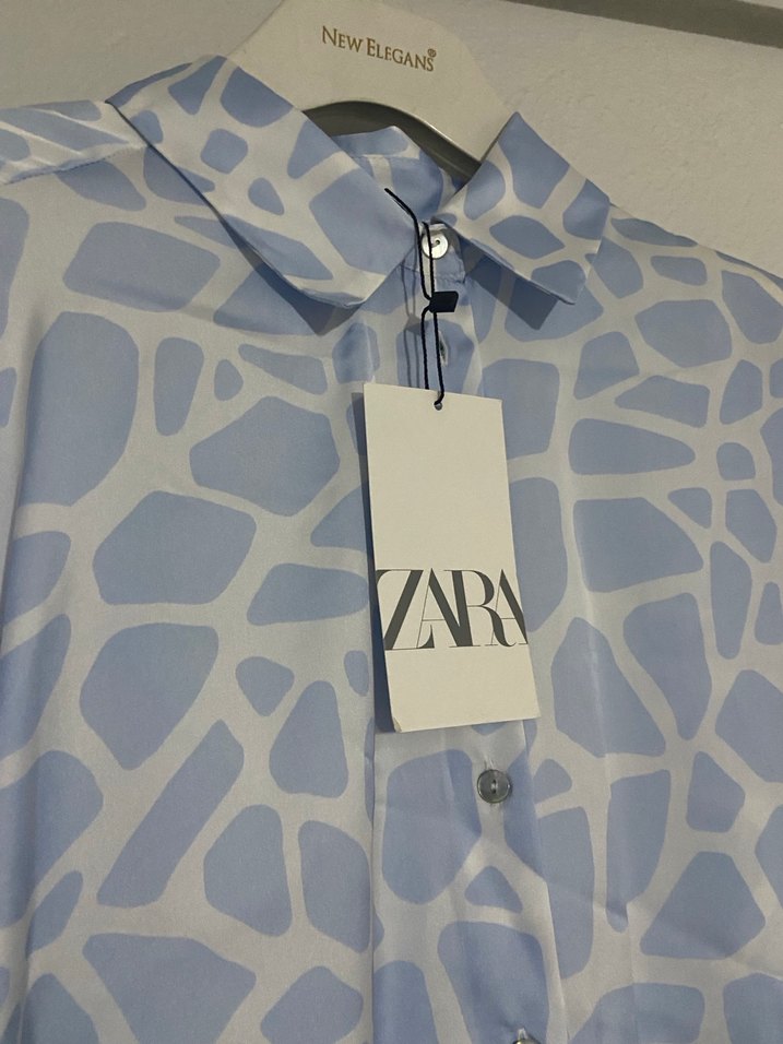 Zara Mavi Bağlama Desenli V Yakalı Gömlek - Görsel 3