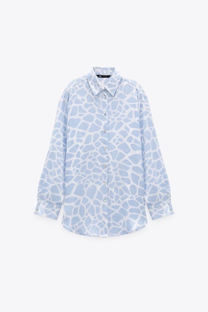 Zara Mavi Bağlama Desenli V Yakalı Gömlek - Görsel 2